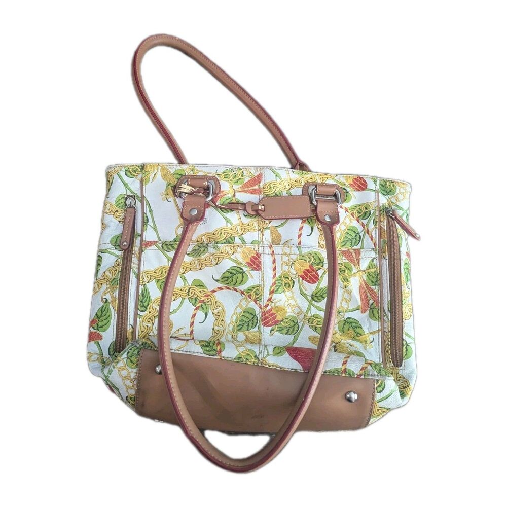 Tignanello Leather RARE PRINT Tote Bag Dragonfly Bee Chain Print Read